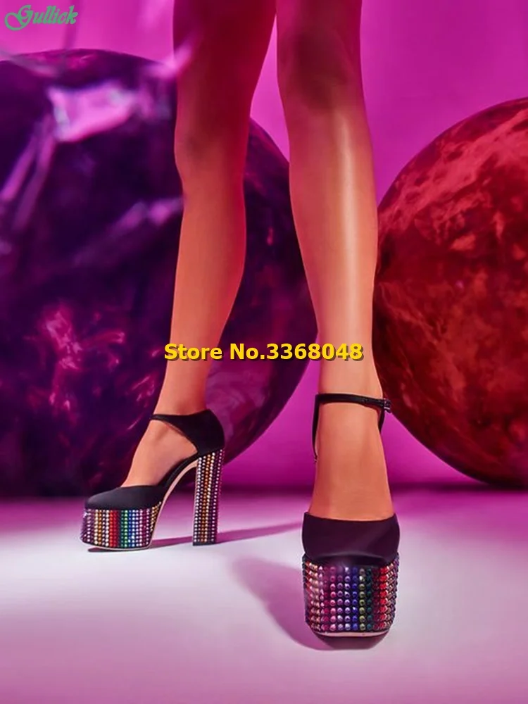 

Black Satin Multicoloured Rhinestones Pumps Ankle Buckle Strap Fuchsia Block Heel Fashion 2024 New Arrivals Women Pumps