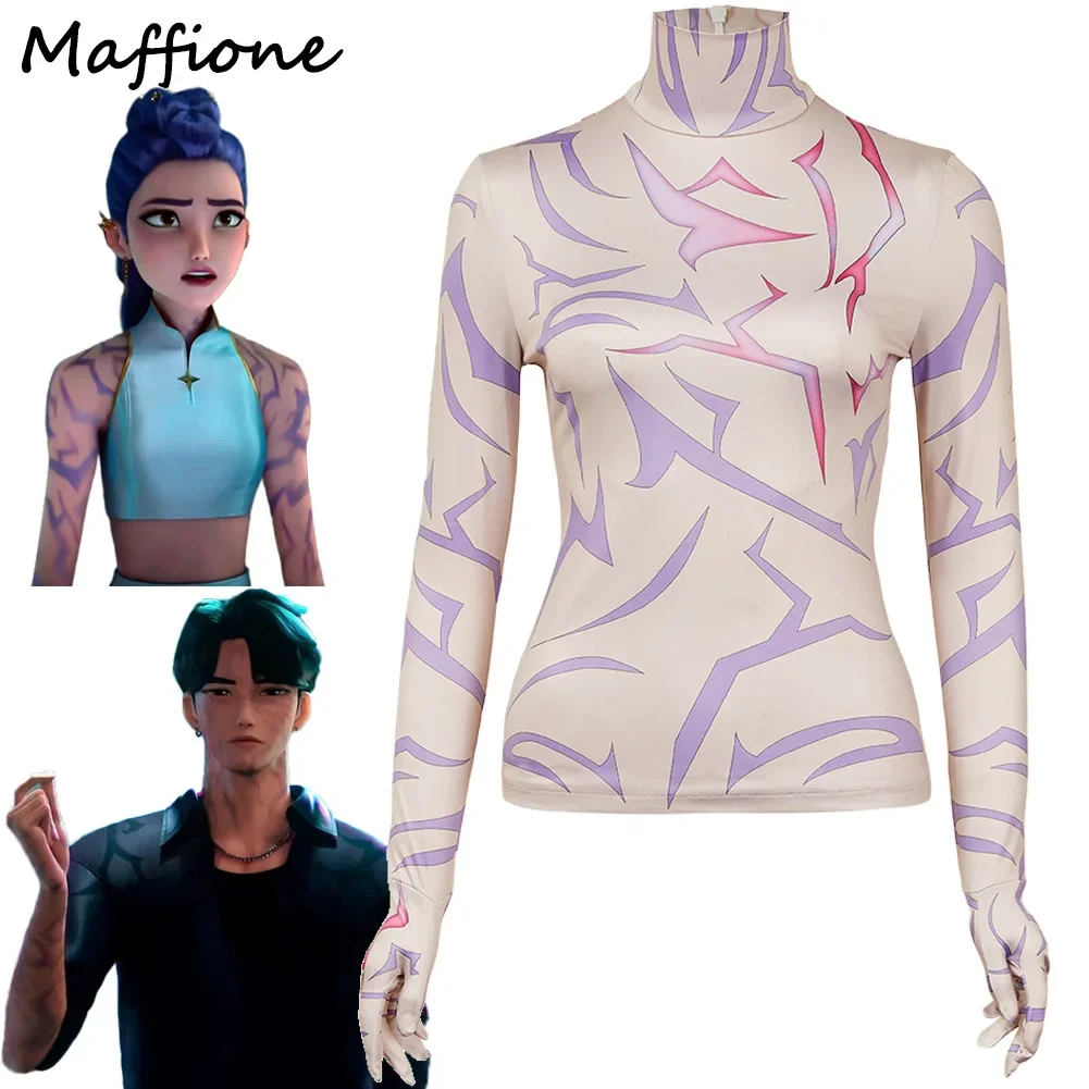 شيطان هنتر من KPop رومي جينو تأثيري الوشم القمم زي للجنسين تمويه الشيطان الوشم معطف ملابس قفازات هالوين البدلة