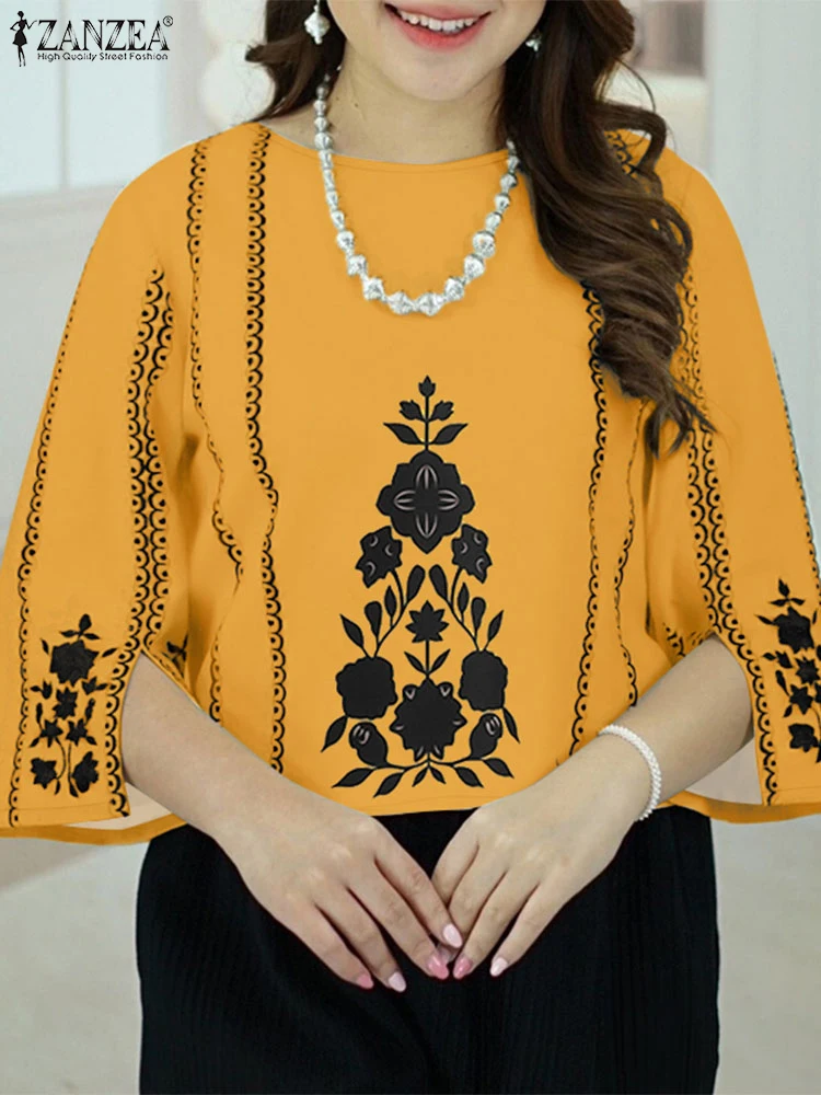 Zanzea mulher casual contraste-cor impressão blusas 2025 verão o pescoço 3/4 manga fenda-manças blusas mujer dia wear commute topos