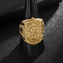 Stainless steel gold plated Jesus Figure Religious Faith fe letter Prayer ring for men