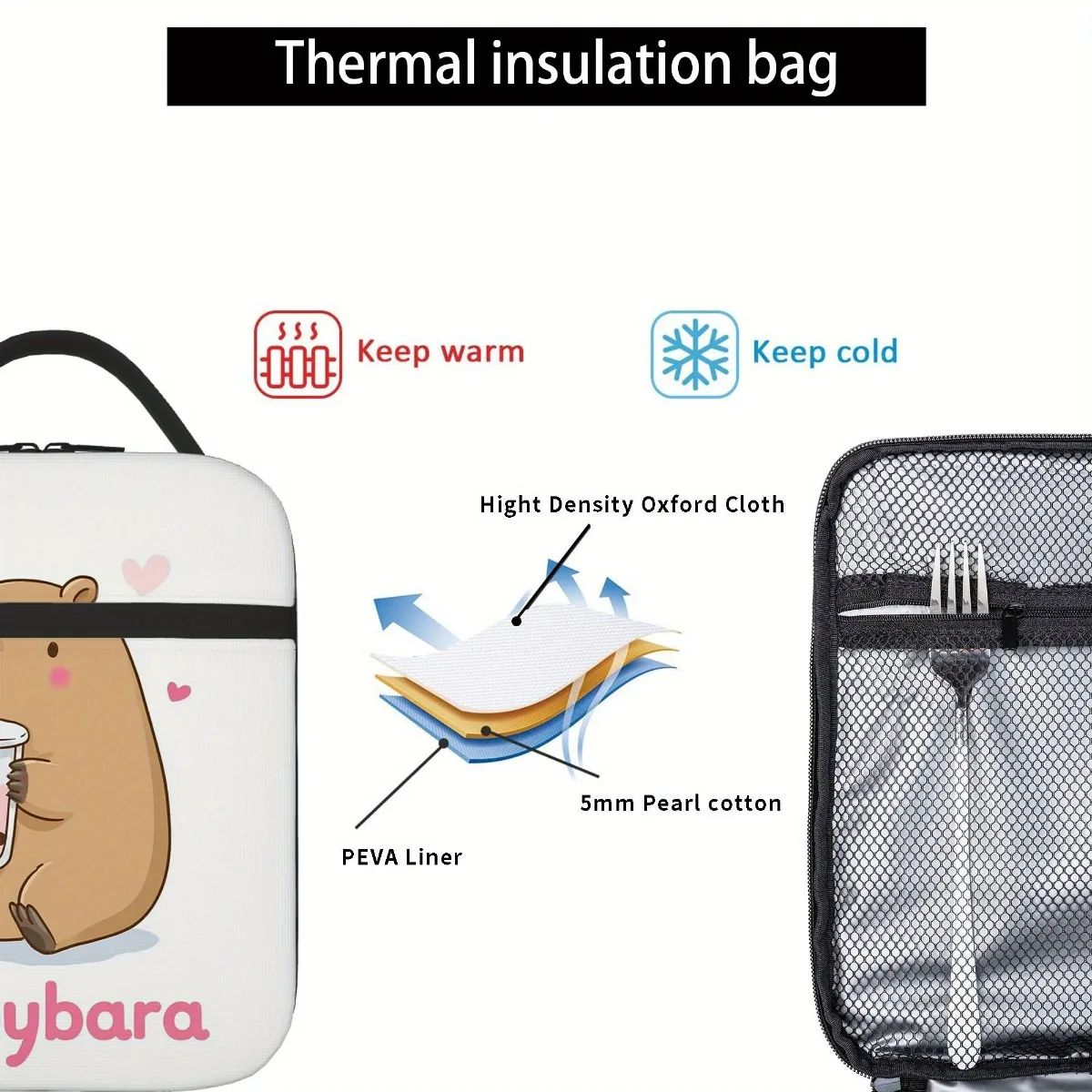 Cute Capybara Bubble Tea Insulated Tote Bag Ideal for Home, Office, Restaurant Use, Durable Polyester Material
