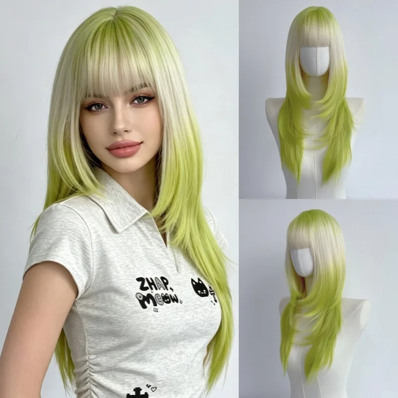 Fashionable Green Gradient Air Bangs Long Straight Hair Women'S Wig Outdoor Party Simulation Head-Wearing Synthetic Wig