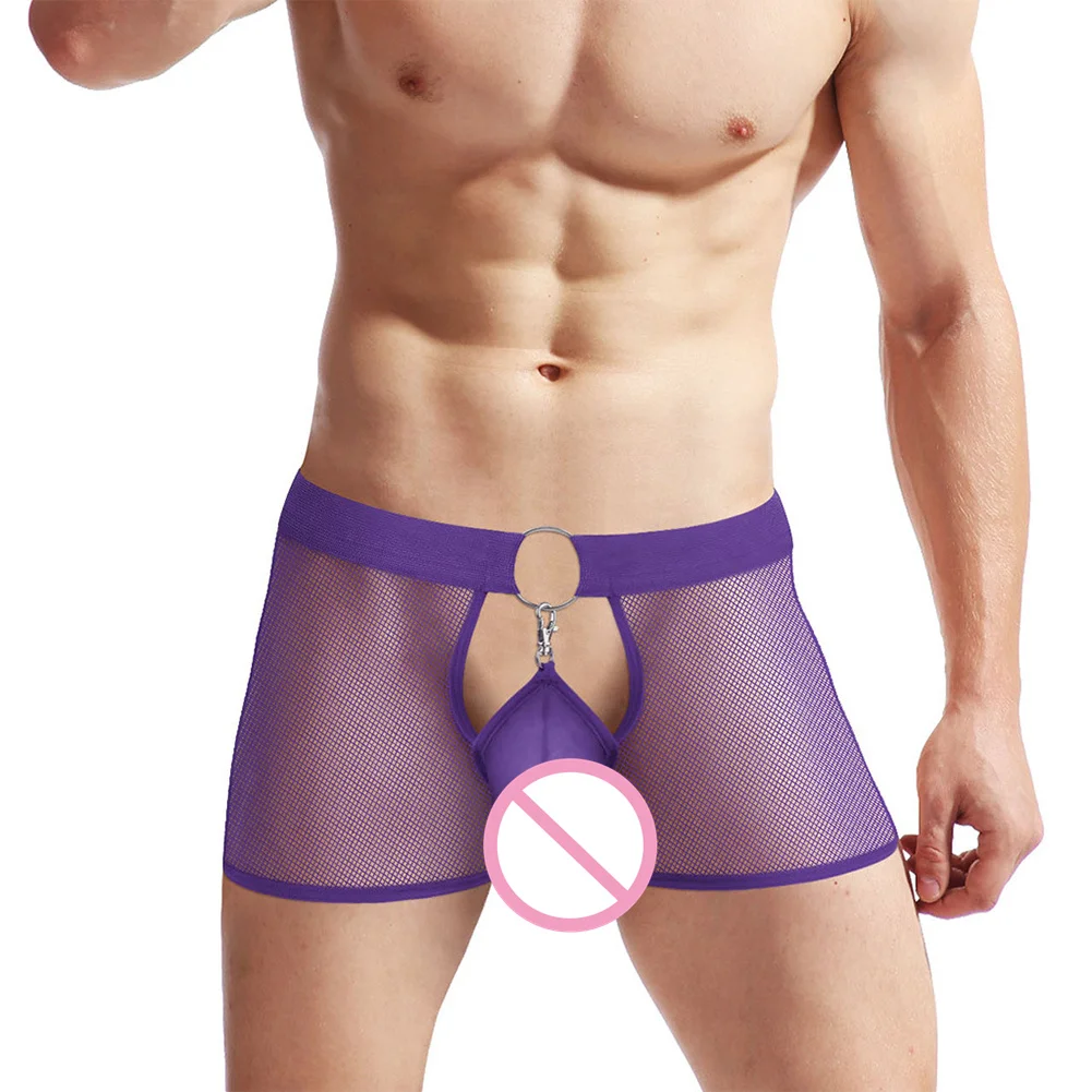 See Through Men Boxer Briefs Front O-ring Hoop Underwear Removeable Bugle Pouch Boxer Shorts Porn Jocky Boxershorts Man