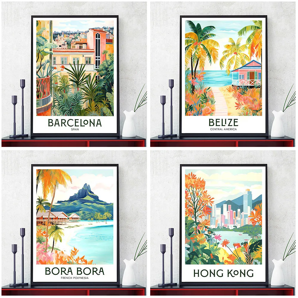 Impresión de viajes de Europa y Asia, arte de pared minimalista, decoración del hogar, Barcelona Belize, Miami,Osaka, China, impresión de carteles artísticos de madera sin marco