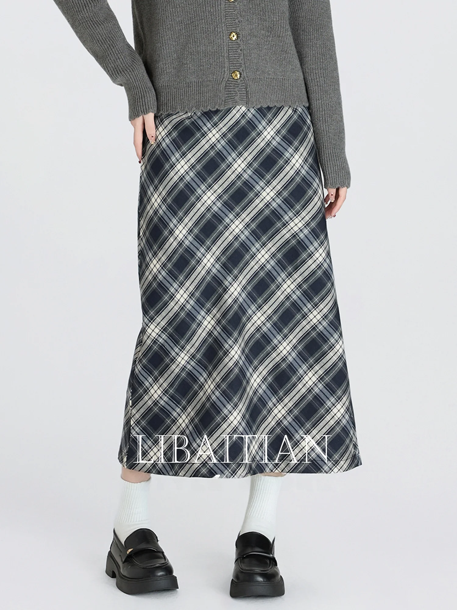 

Retro American High Waist Plaid Midi Skirt Women's Autumn Winter New Straight Woolen Wrap Long Skirts Faion Ladies' Premium