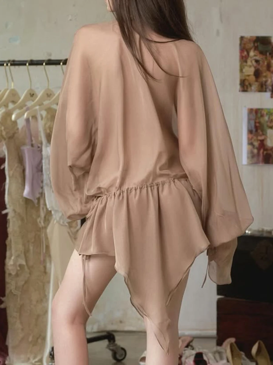 TWOTWINSTYLE Loose Sheer Spliced Fur Collar Sexy Dresses for Women V Nedck Long Sleeves Tunic Patchwork Ruffles Dress Female New