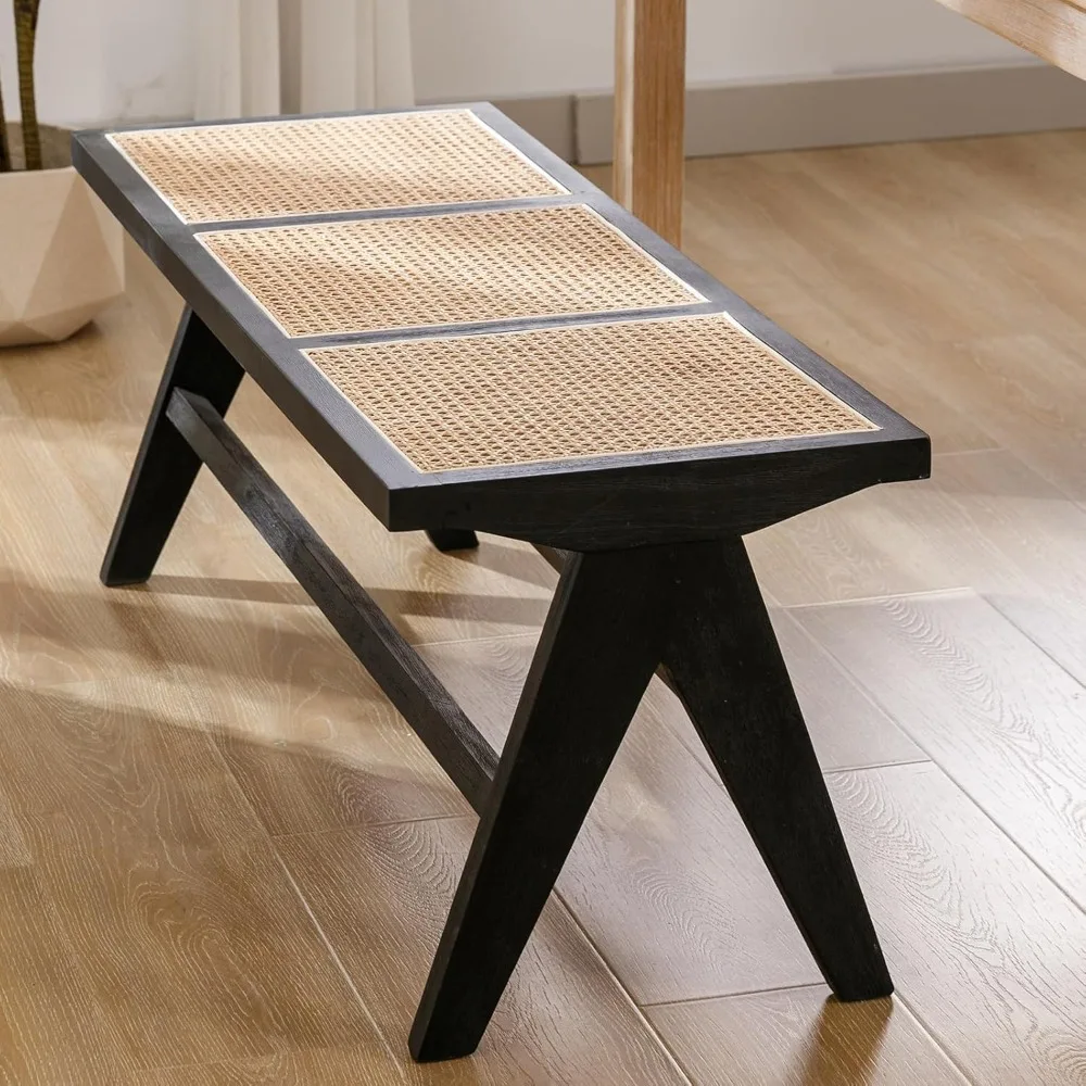 

45 Inch Black Rattan Dining Bench, Farmhouse Woven Benches for Bedroom, Accent Entryway Long Seat Stool