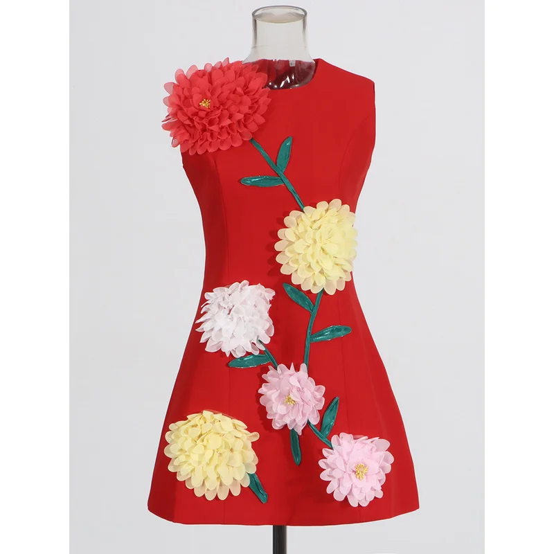 مصمم تنورة قصيرة 2025 صيف جديد وصول 3d Stereoflower جولة الرقبة أكمام عالية الخصر تانك حزب حفلة موسيقية اللباس