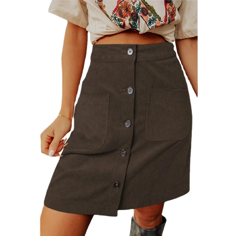 Vintage Brown Corduroy Skirts for Women Single Breasted Slim Fit Mini Skirt Woman Autumn Winter Korean Pocket Short Skirt Ladies