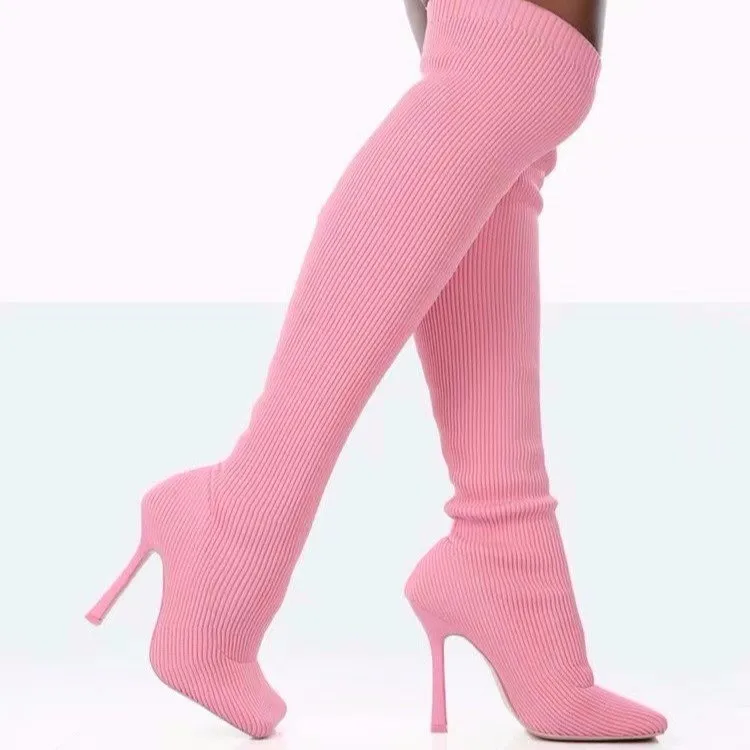 

Factory Stock Women Knee High Boots Pink Long Stretch Boots For Women Shoes Platform Block Heels For Women's Thigh High Boots