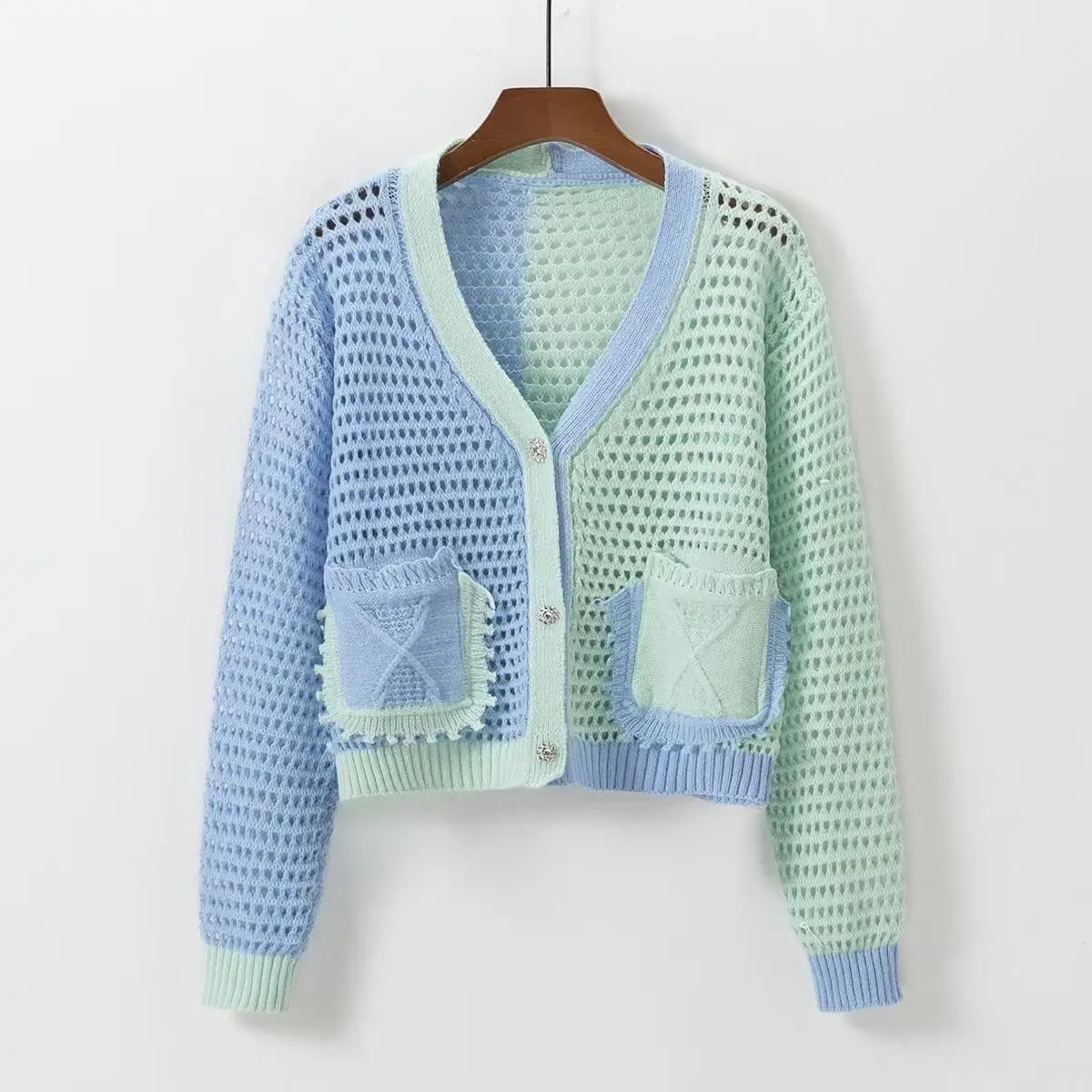 2024 Spring Outfit Hollow Knitted Cardigan Short Sweater Japanese Retro Top Jacket Color Blocking Short Sweater Hollow Out Swea