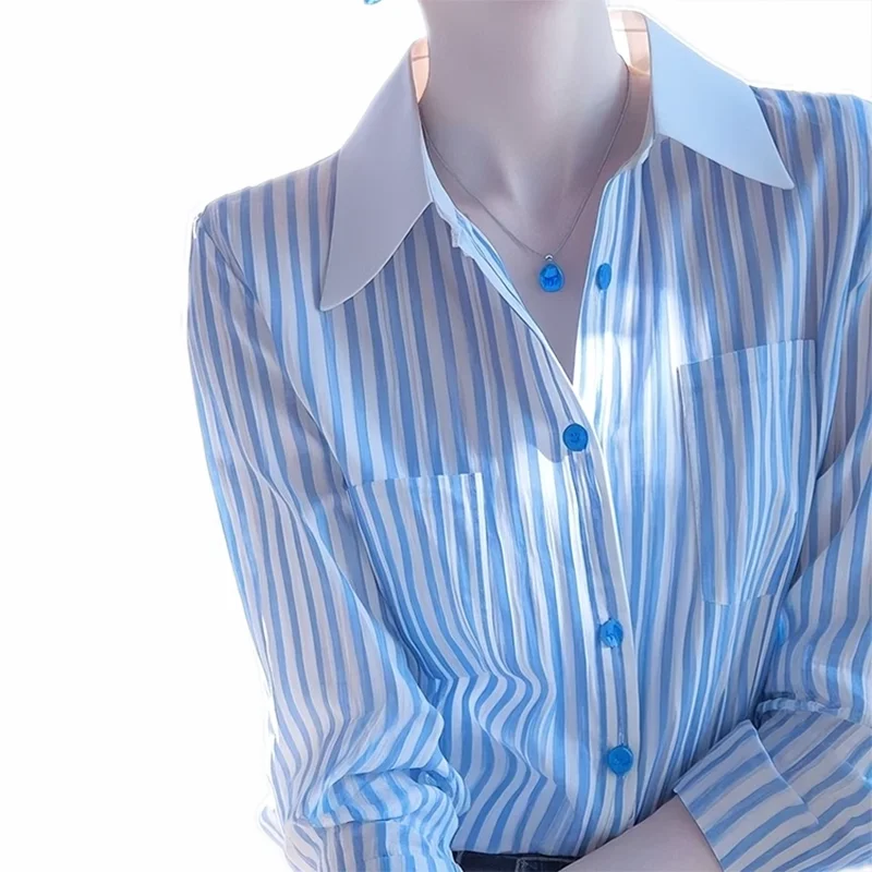 Rayé bleu femmes irt début du printemps 2025 nouveau Design Ele ular Unique vêtements intérieurs irt fibre de Polyester longue Sve