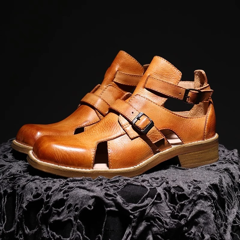 Original Hand sewn Summer Hollow Breathable Casual Sandals High Top Shoes for Men's/Women's Genuine Leather Retro Roman Sandals