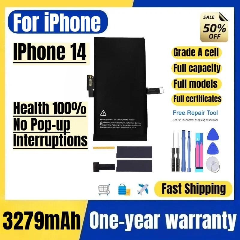 For IPhone 14 Mobile Phone Battery  Health 100% No Pop-up Interruptions Replacement Bateria Grade A Cell with Tools High Quality