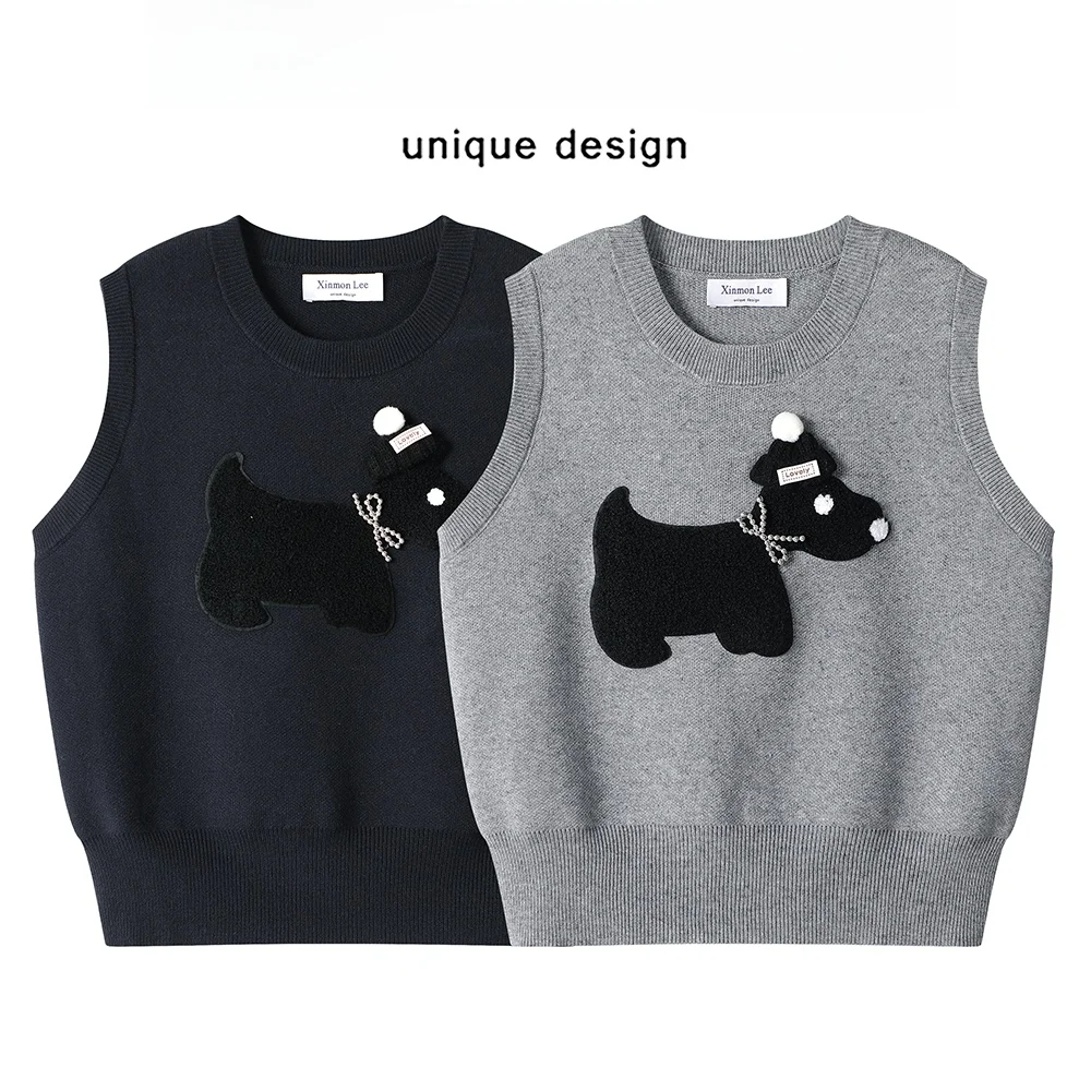 

Chic Korean Sle Knitted Dog Vest Top Layering Women's Loose Fit Spring Autumn Season Faionable Animal Pattern round Ne