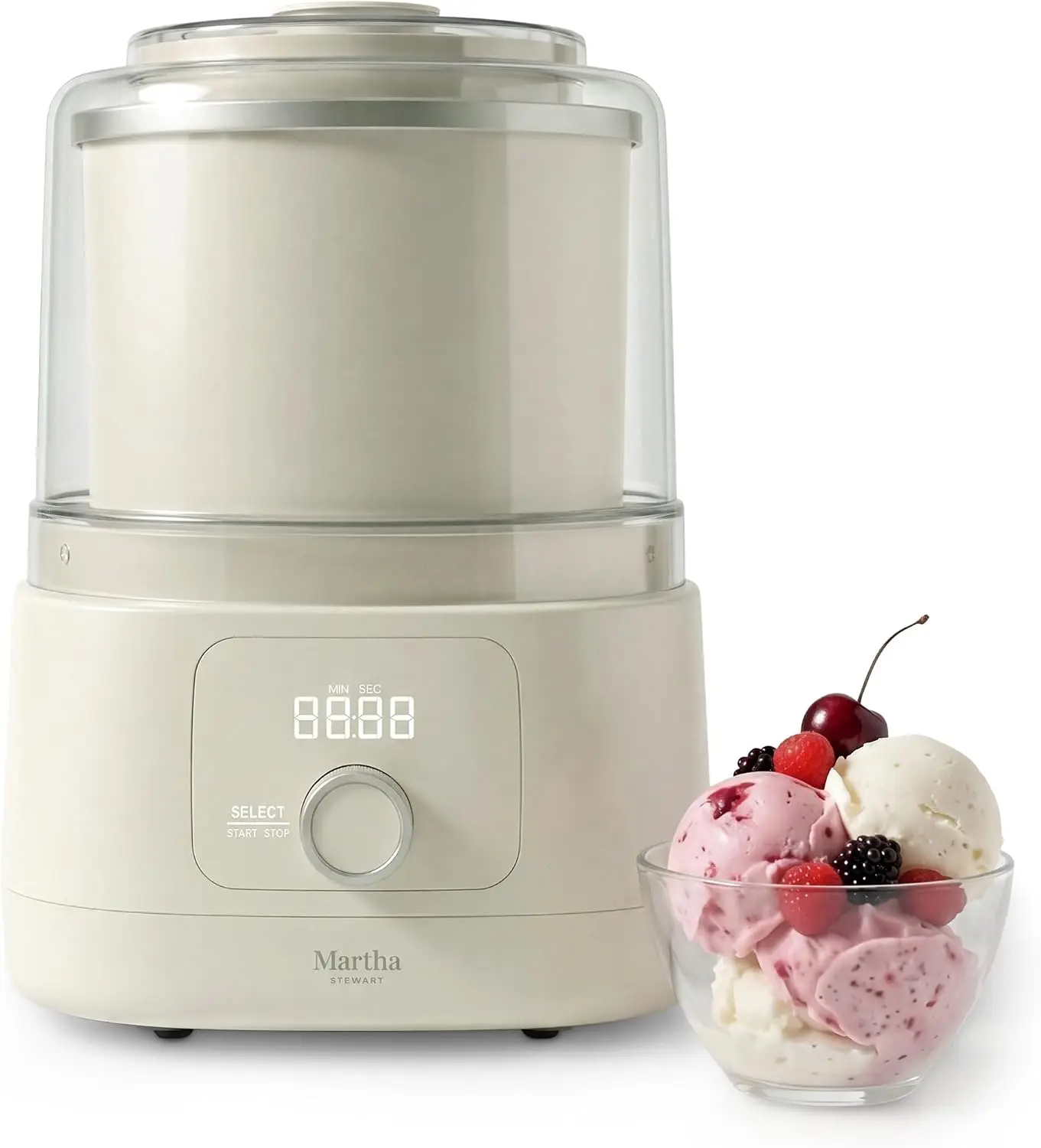 Ice Cream Maker Machine 2 Quart Double Insulated Freezer Bowl 16 Serving Capacity Mess Free Pour Chute Wide Mixing Paddle Clear