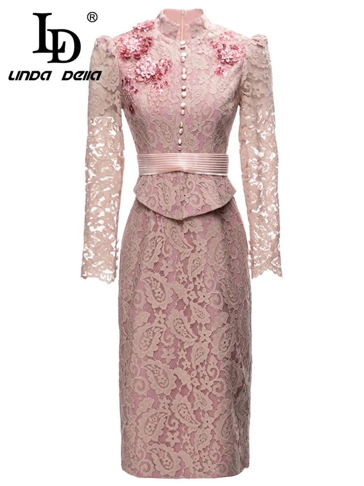 

LD LINDA DELLA Summer Vintage Travel Dress Women's Pink Long Sleeve Single-Breasted Belt Hollow out Print Dress