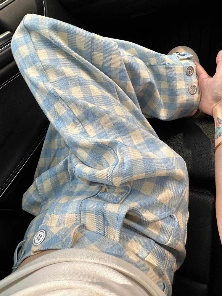 Koreańskie spodnie damskie w niebieską kratę, z wysokim stanem, szerokimi nogawkami, lekkie, letnie, modne, luźny krój.