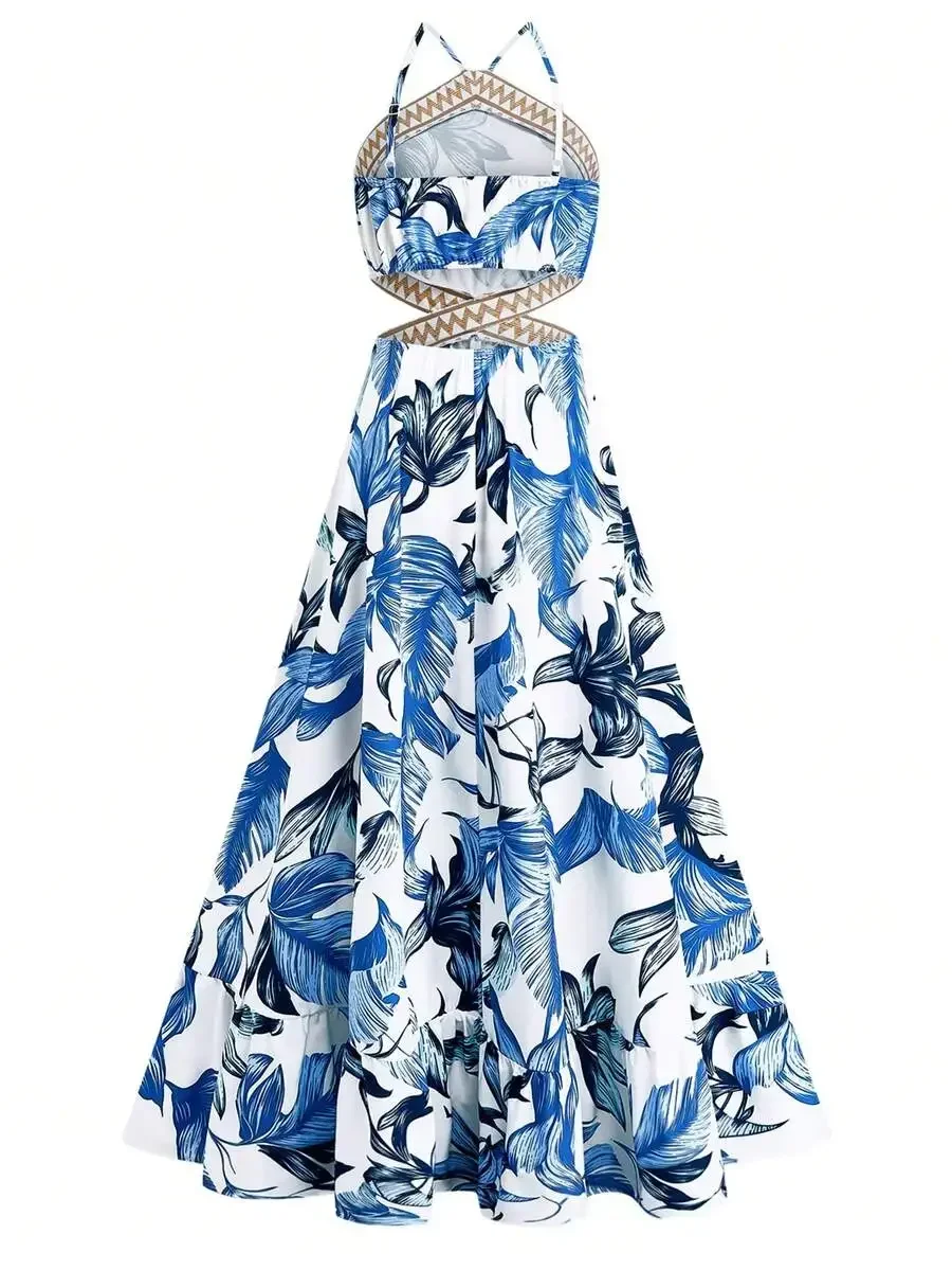 

Blue And White Floral Leaf Print Hollow Waist A-Line Maxi Dress Spaghetti Strap Sleeveless