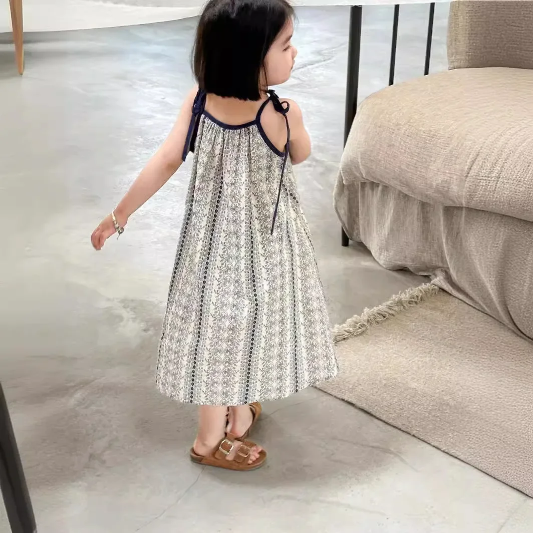 فساتين بناتي غير رسمية صيفية جديدة ملابس أطفال كورية كورية 2024 زهور مجزأة جميلة فضفاضة مخططة