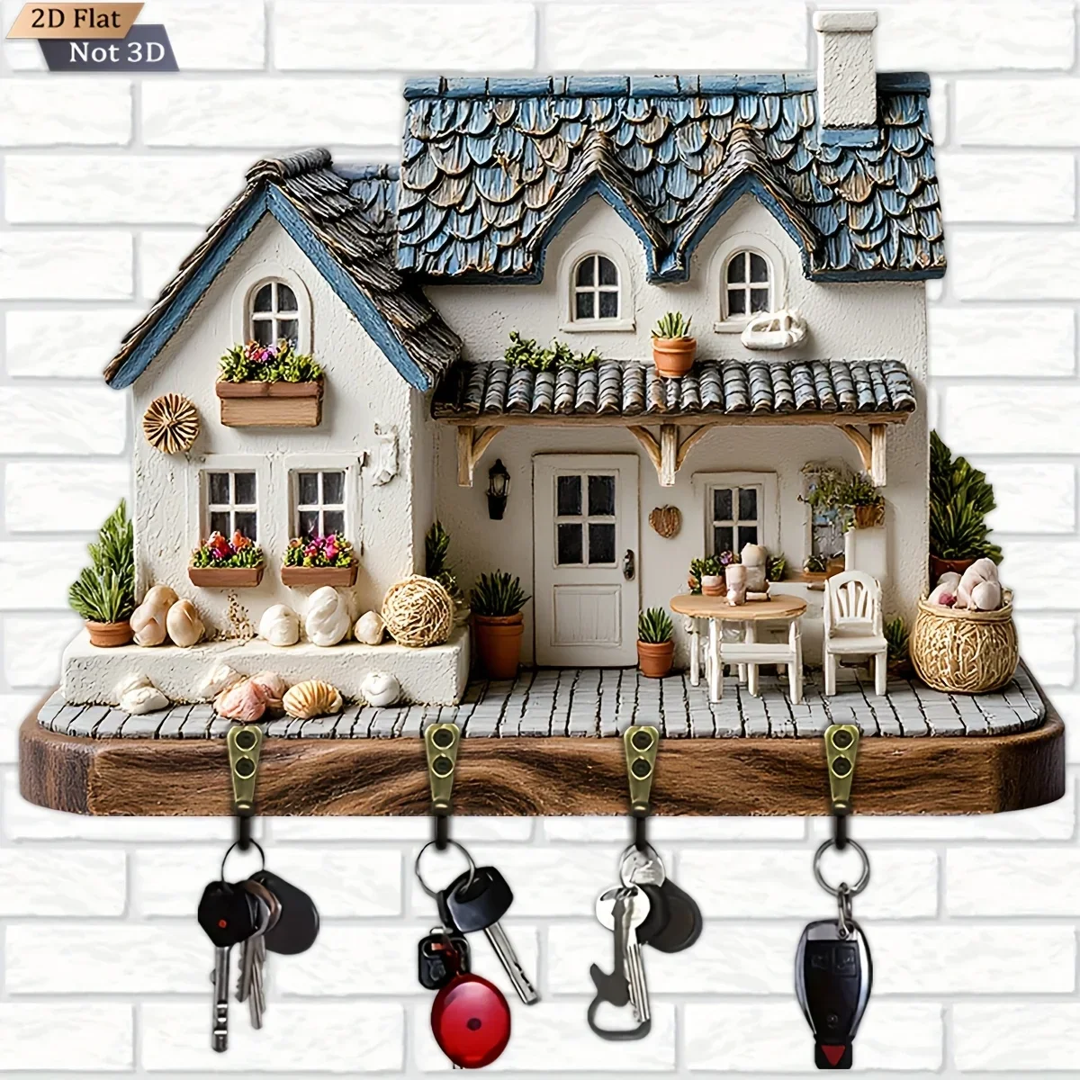 2D Flat, 1pc,  house - shaped key hook, wooden multifunctional home key rack, with four metal hooks, wall decoration, porch