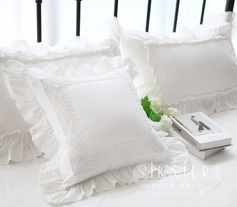 Korean Version of Handmade Pleated Lace Process Cotton Pure Cotton Pillowcase Pillow Cover Exquisite White Hollow Flower