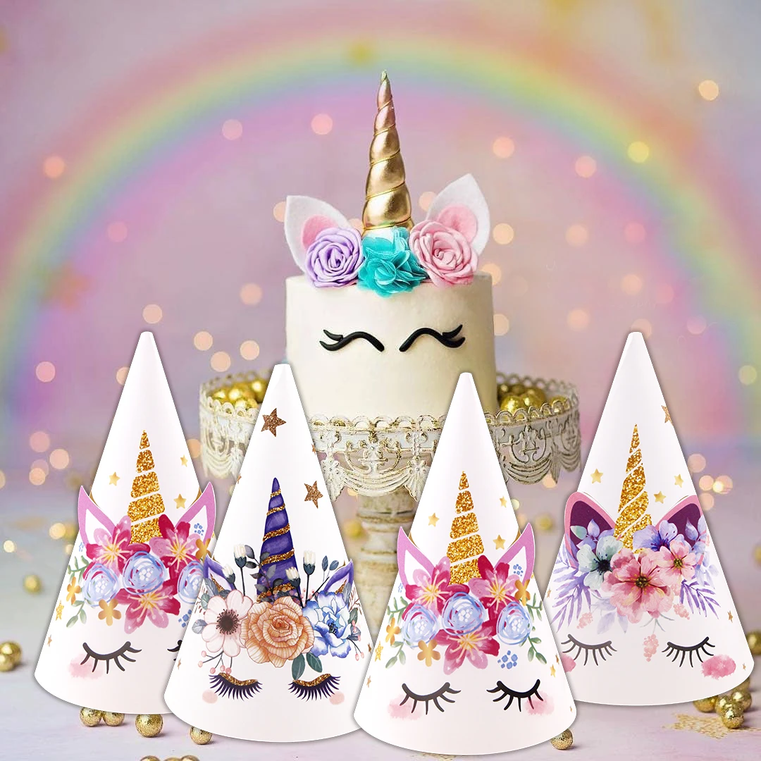 6 pezzi di carta di cartone cappelli di unicorno cappello di compleanno per bambini per Baby Shower bambini unicorno decorazioni per feste felici