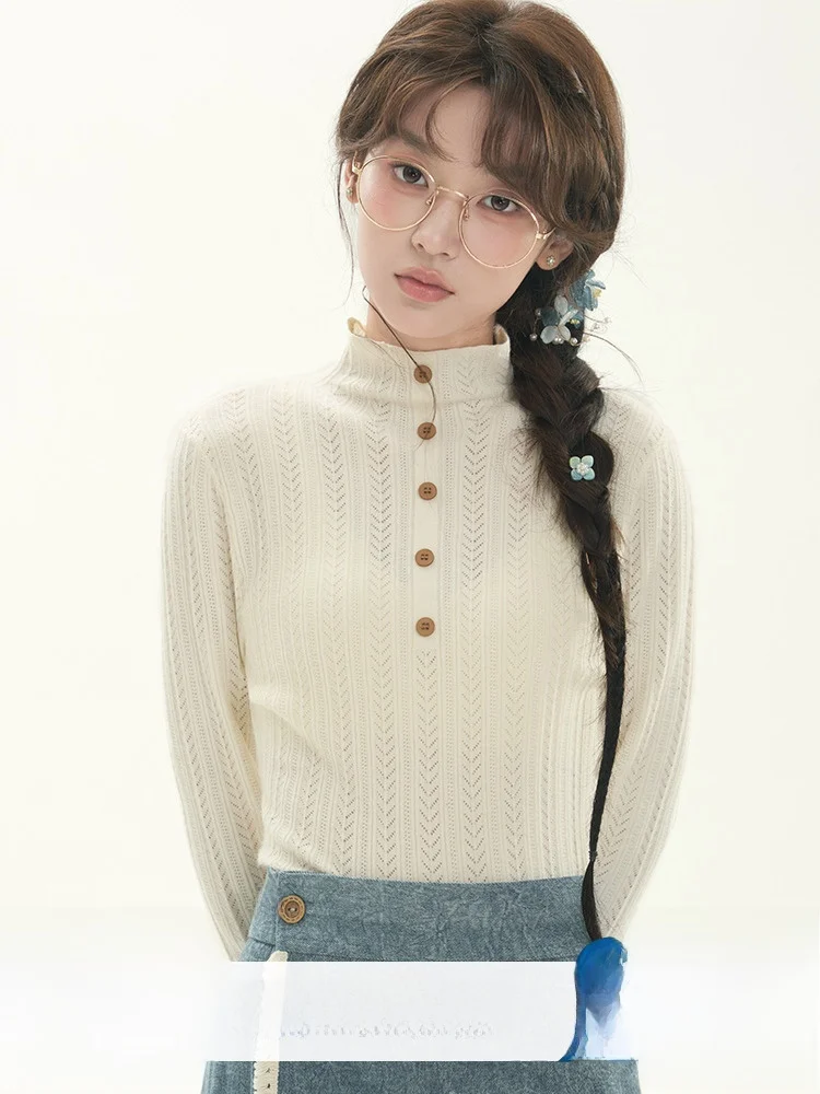 

Белый вязаный свитер с высоким воротом для женщин, свободный крой, длинный рукав, базовый слой, осенняя новинка в китайском стиле