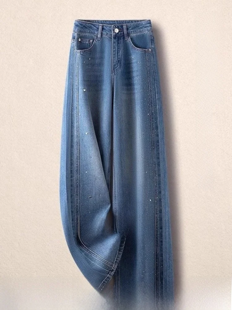 

Синие широкие джинсы со стразами, женские свободные прямые повседневные брюки с высокой талией, джинсы-стойка, весенне-осенний сезон