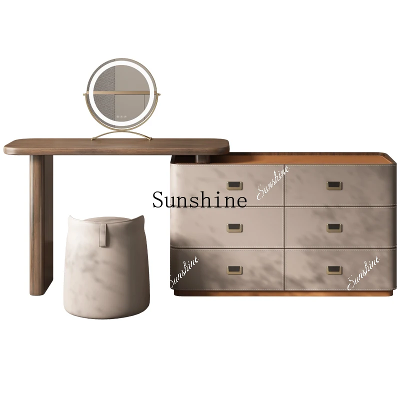 Italian minimalist saddle leather chest dresser integrated bedroom retractable solid wood makeup table  FT