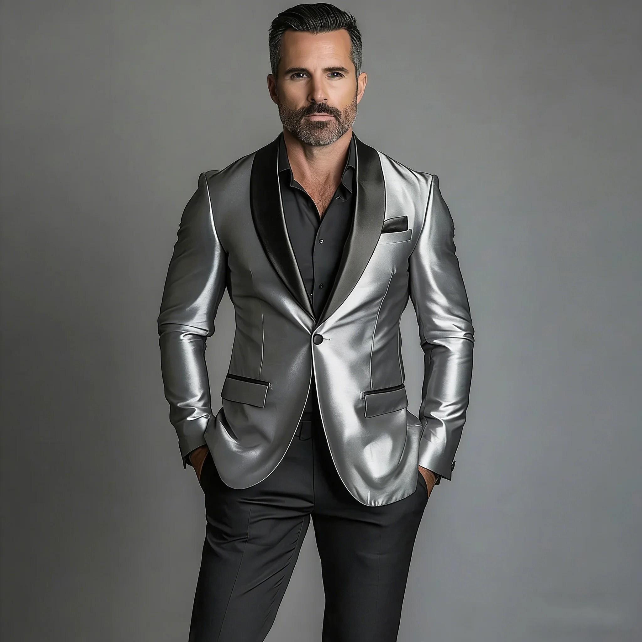 

Men Suits 2 Pieces Silver Shiny Jacket Black Solid Pants arty Stage Wedding Prom Groom Tuxedos Shawl Lapel Custom Male Dress