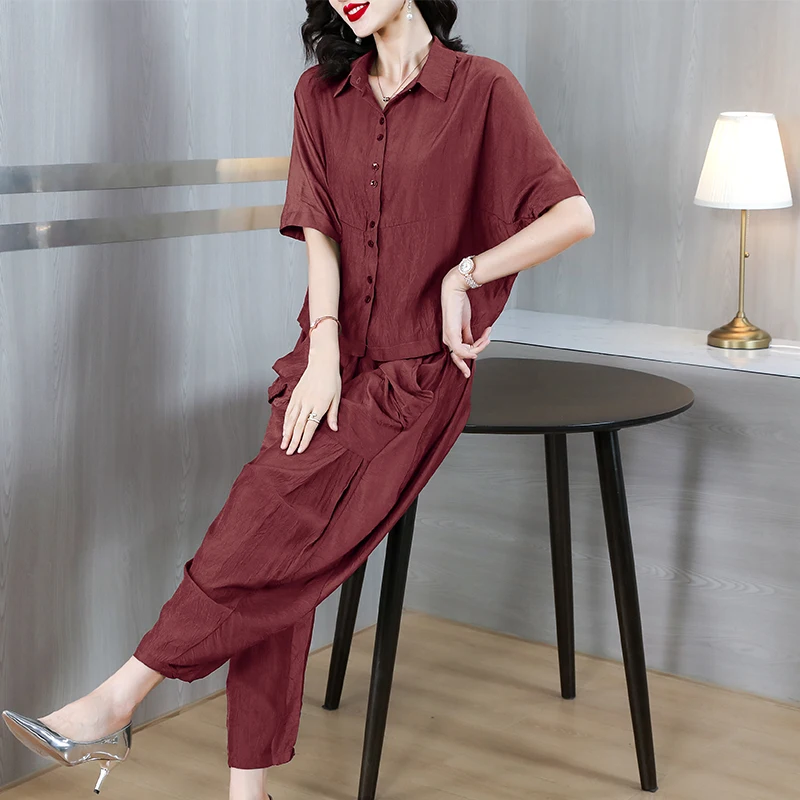 

2023 Summer New Solid Silk Short Sleeve Pants Two Piece Casual Fashion Women's Harlan Pants Loose Large Polo Neck Set