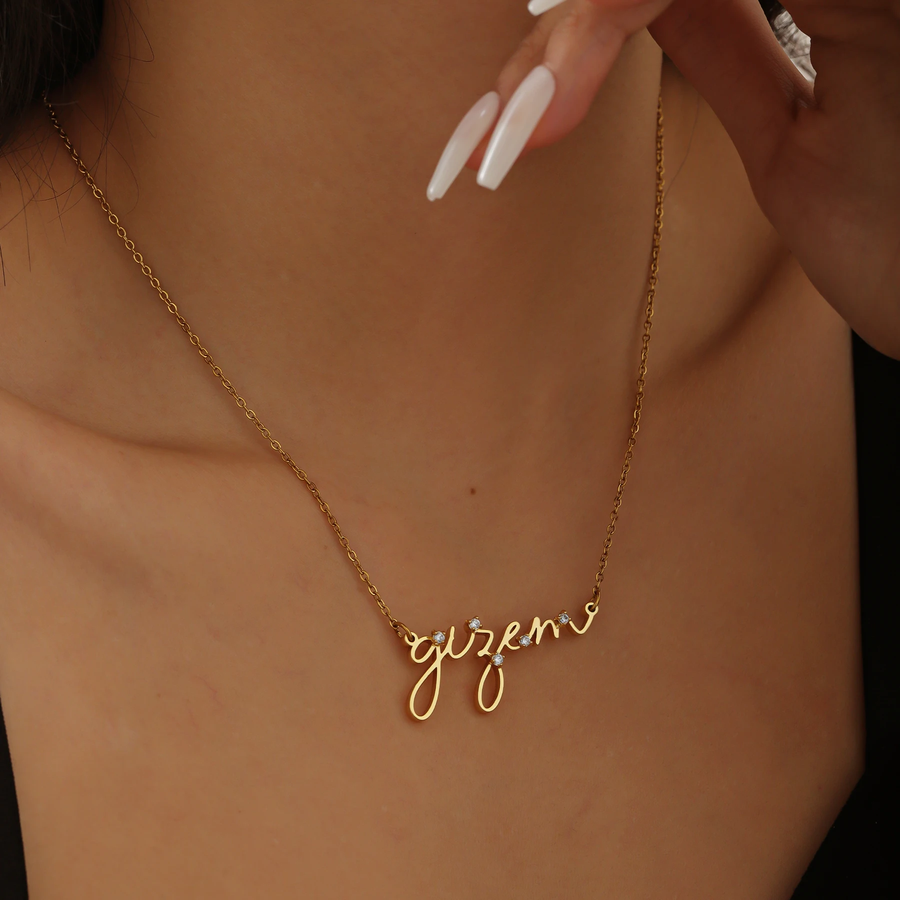 

Custom Handwriting Name Necklace with Zircon Stone Personalized Sparkling Jewelry Gift for Women 18K Gold Plated Stainless Steel