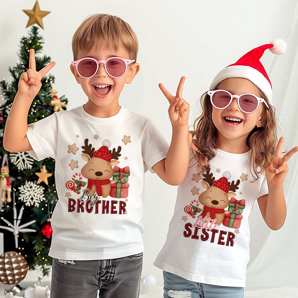 Deer Big Brother Little Sister Print Kids Shirt Christmas Party Boys Girls Outfit Holiday Sibling T-shirt Child Short Sleeve Tee