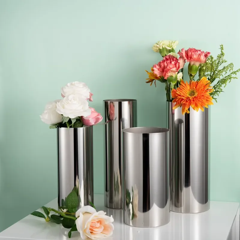304 Stainless Steel Cylindrical Vase Thickened Metal Straight Table Vase High Quality Water Splash Proof Home Decor