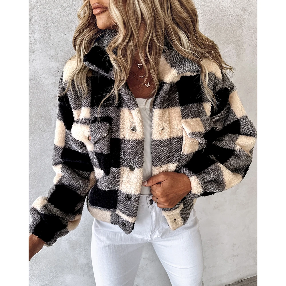 Autumn Winter Casual Women Plaid Print Colorblock Fleece Teddy Coat Femme Pocket Design Turn-down Collar Jackets