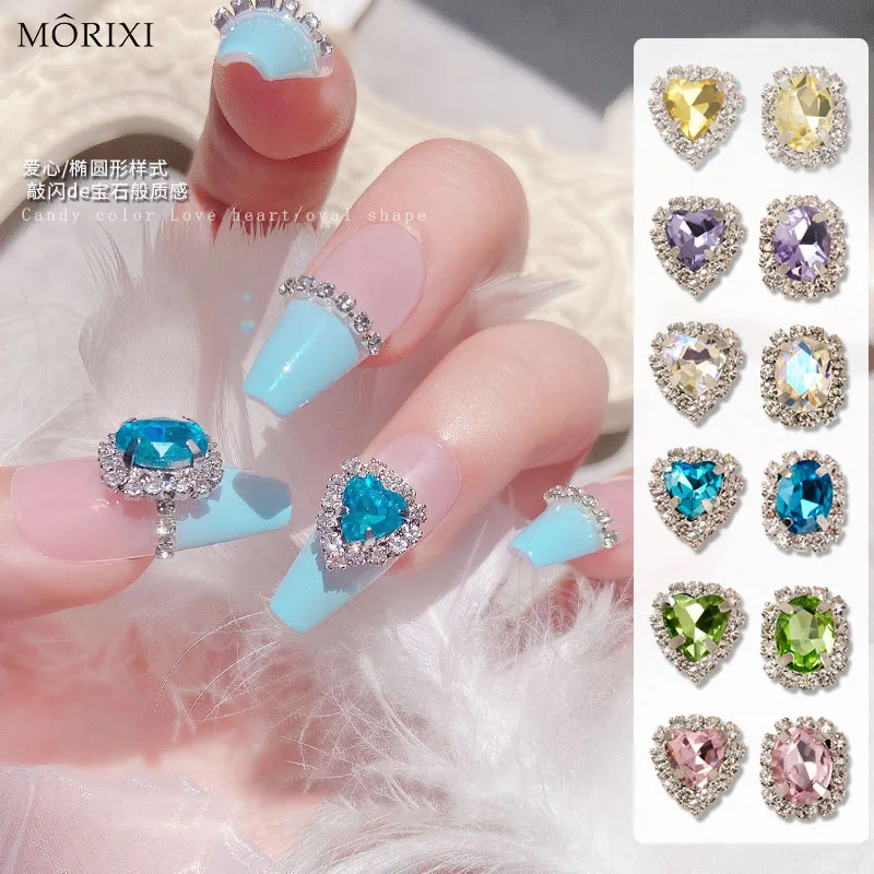 

2pcs/lot nail art rhinestones Luxury jewels full of diamond pink blue purple green heart ellipse shape DIY manicure drill HZ053
