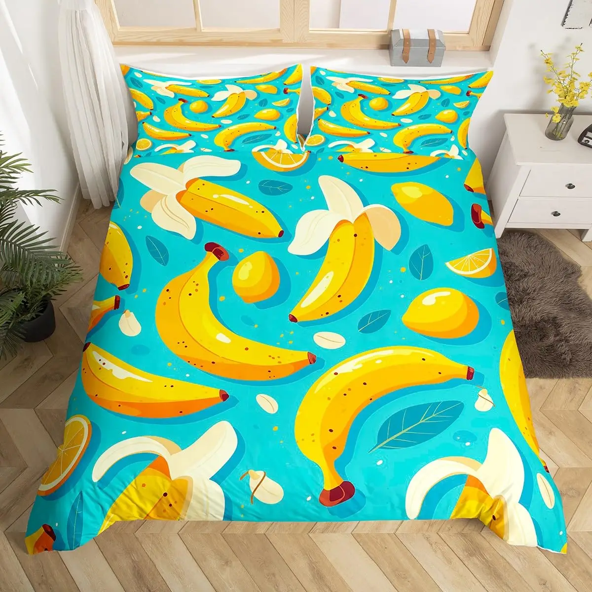 

Yellow Banana Print Duvet Cover Set Fruit Theme Bedding Set Tropical Plant Comforter Cover Funny Cartoon Style Bedspread Cover