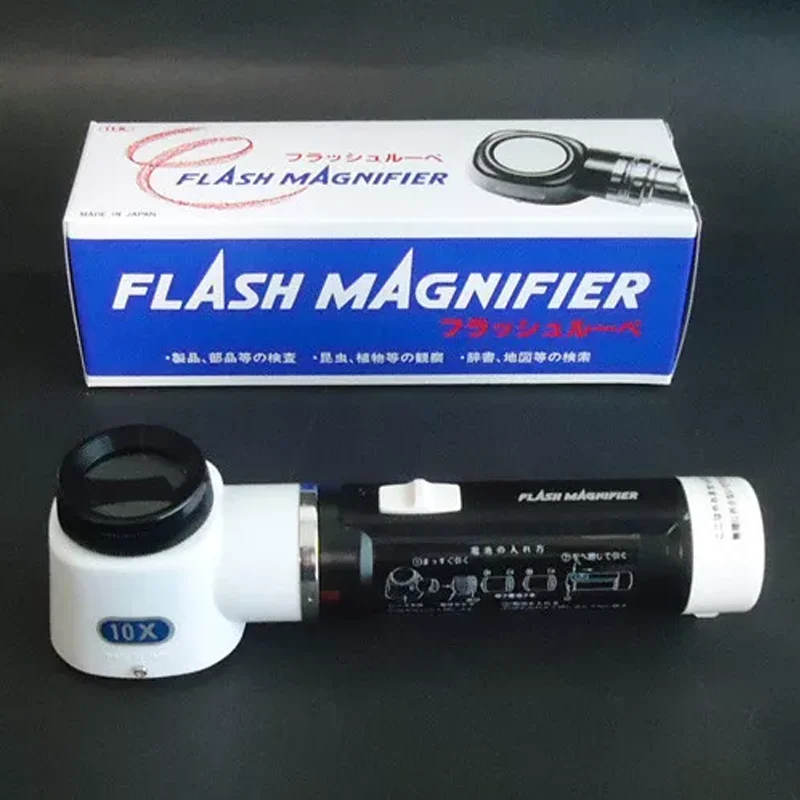 Japanese M-100 Flash Magnifier 10x Illuminated Loupe with Built-in 0.5mm Scale White LED Light for Jewelry Gemology Inspection