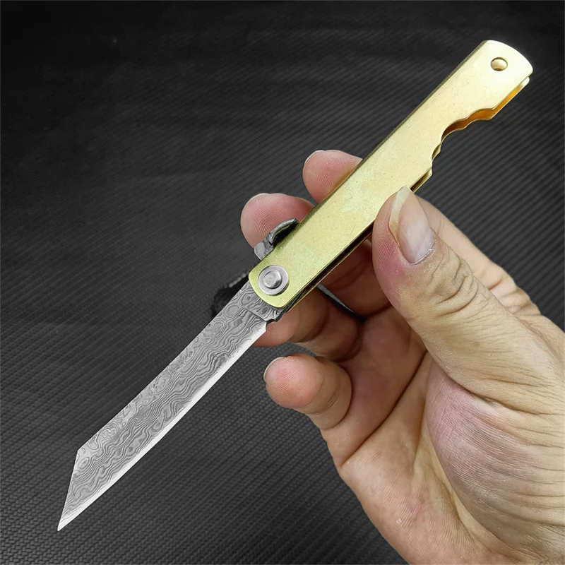 2024 Japanese Handmade Higonokami Mini Pocket Knife VG10 Damascus Blade Brass Handle Outdoor Tactical Hunting Folding Knives