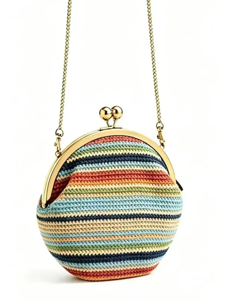 

New Color Striped Metal Lock Grass Woven Clip Bag Summer 2026 Women's Casual Shell Bag Ladies Vacation Beach Shoulder Bag