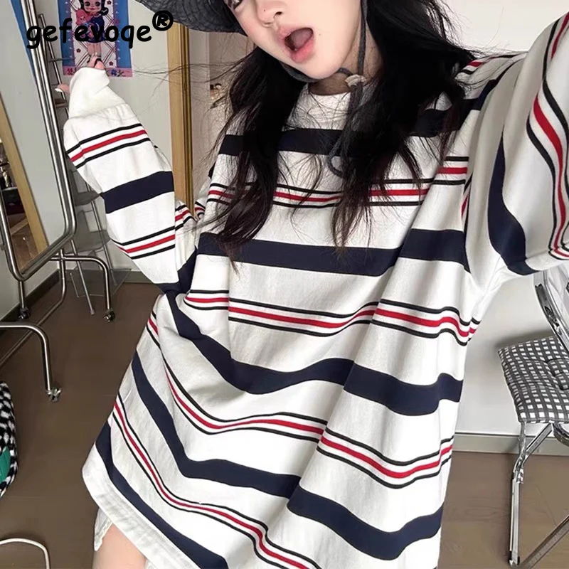 2024 Women\'s Trendy Vintage Striped Oversize Casual Streetwear T-shirts Y2K Harajuku O Neck Long Sleeve Tunic Tops Ropa De Mujer