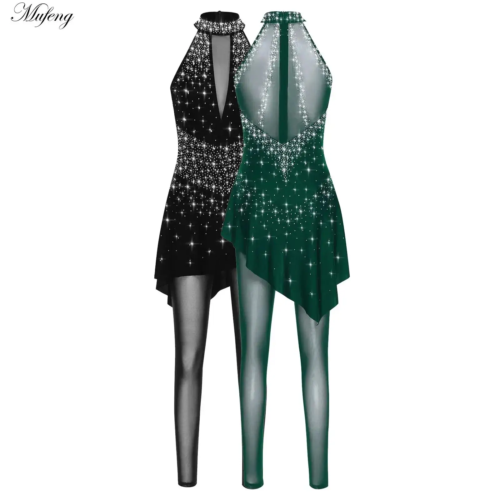 Femmes gymnastique patinage rythmique Dancewear Costume brillant strass maille combinaison à manches longues justaucorps jupe body complet