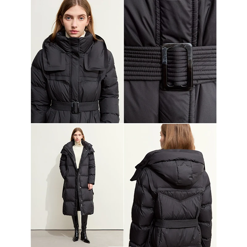 AMII مقنعين أسفل معاطف 2025 شتاء جديد دافئ مع حزام نفخة بطة سترة المرأة الياقة المدورة الصلبة تنوعا ضئيلة معطف طويل 12524003