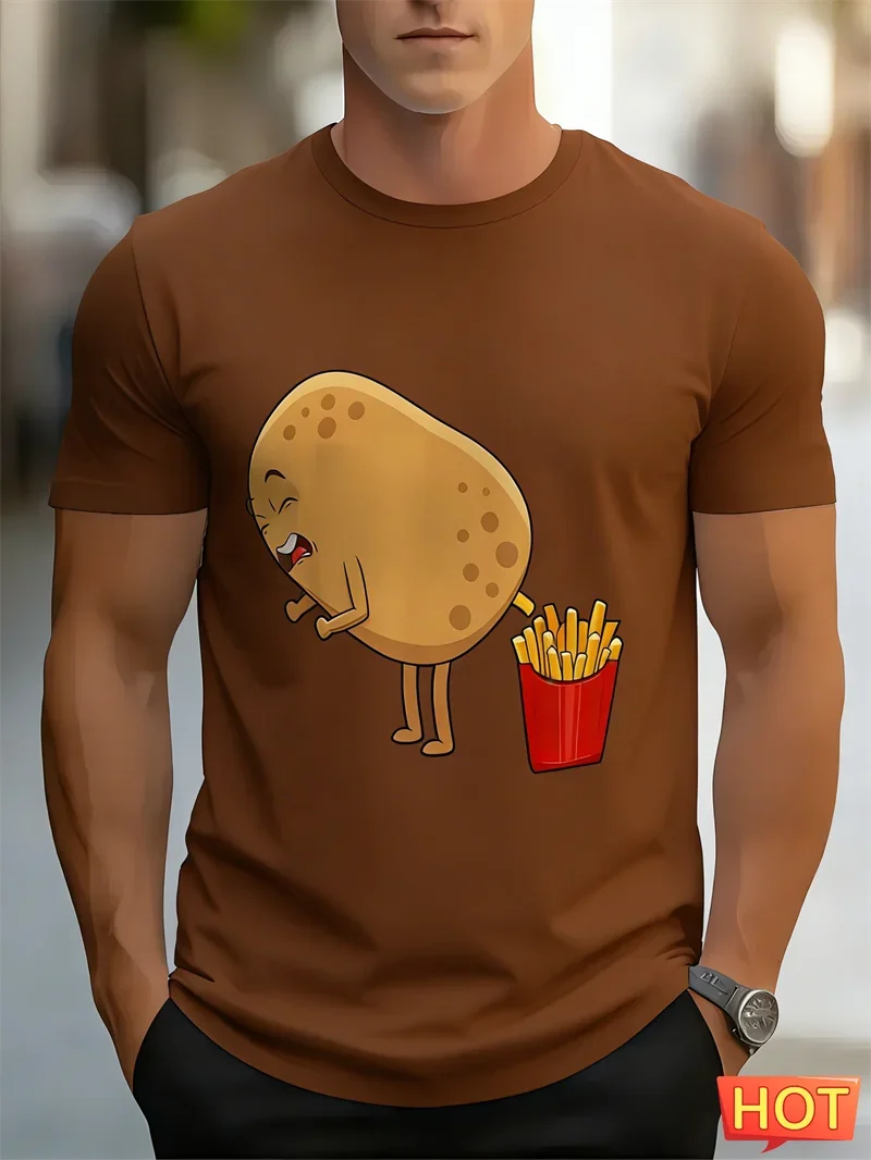 Men's Funny Potato Turning Into French Fries Graphic T-Shirt Humor Food Cartoon Short Sleeve Tee Summer Casual Party Top