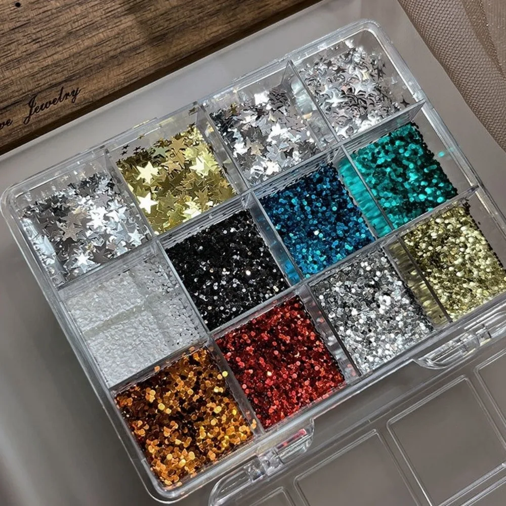12 Grids/Box Nail Art Sequins Kit Mixed Shape 1mm Dot Flakes Nail Charms Decorations Star Mini Nail Art Glitter Set