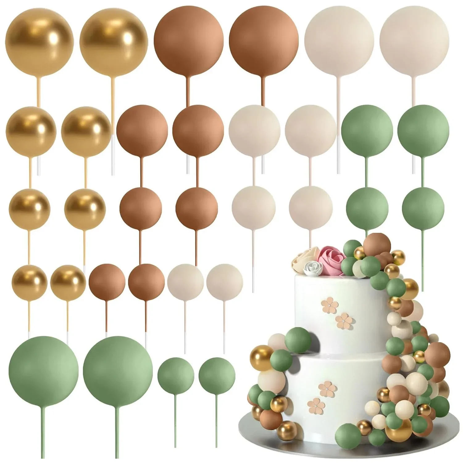 32pcs Sage Green Brown Cake Topper Gold Foam Balls DIY Insert Cake Decoration for Baby Shower Birthday Party  Cake Decorationion