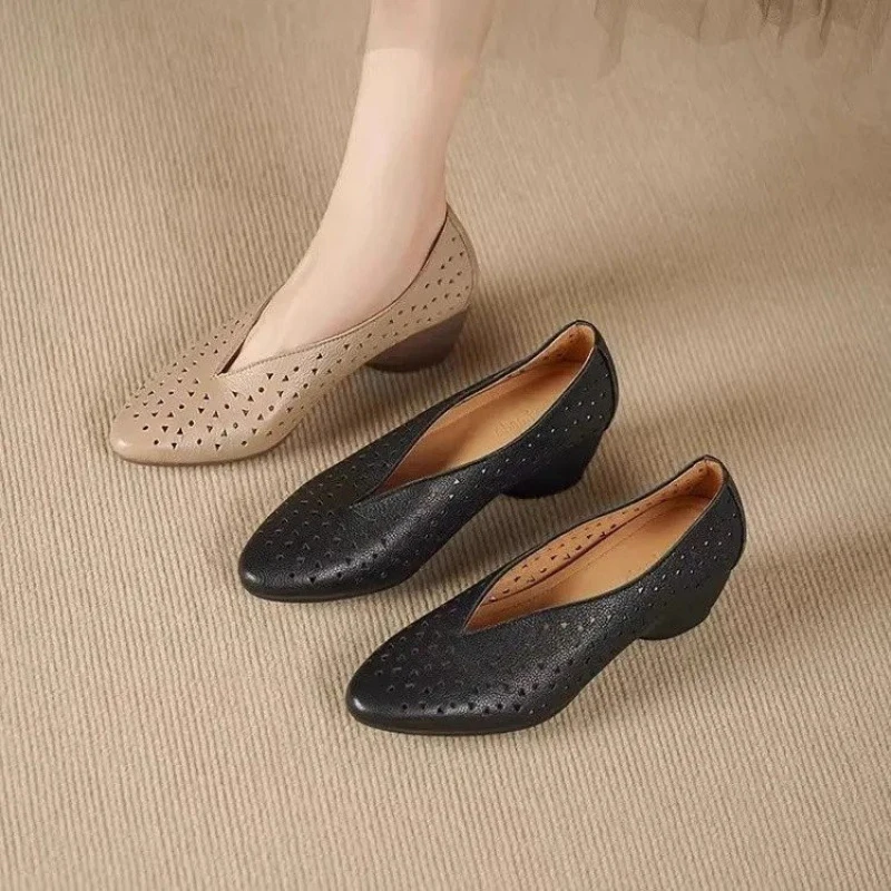 Women's Hollow Out Wedge Heel Pumps, Summer Breathable Soft Leather V-Cut Loafers, Casual Comfortable Women's Shoes