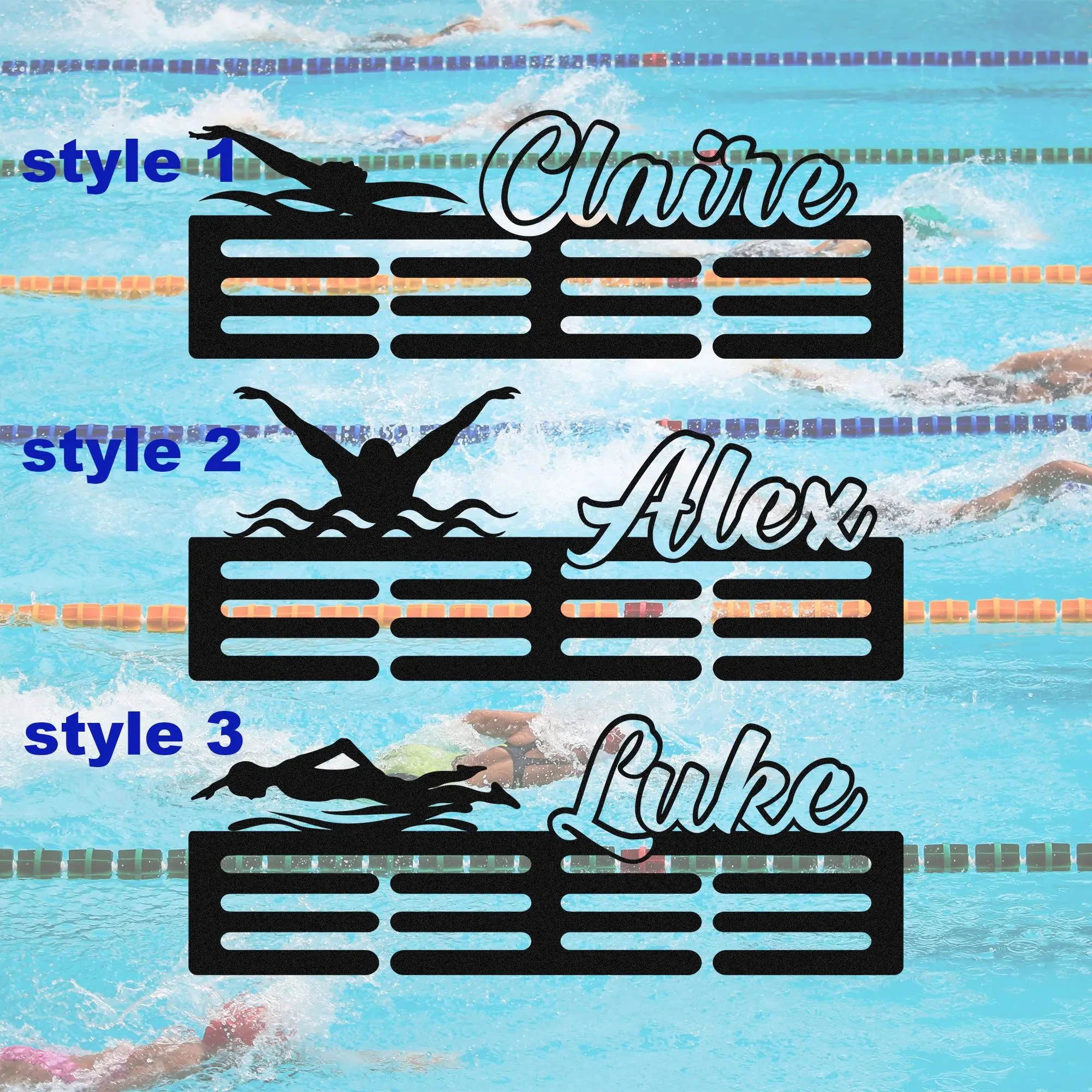 Custom Name Swimming Medal Hanger Personalized Swim Medal Hanger Sports Metal Display Rack 12 Rungs for Medals & Ribbons Swimmer