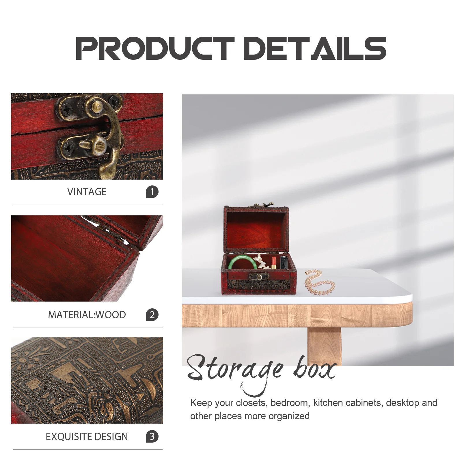 

2Pcs Vintage Jewelry Storage Box Wooden Small Treasure Chest Retro Jewelry Organizer Case Ring Earrings Retro Storage Case